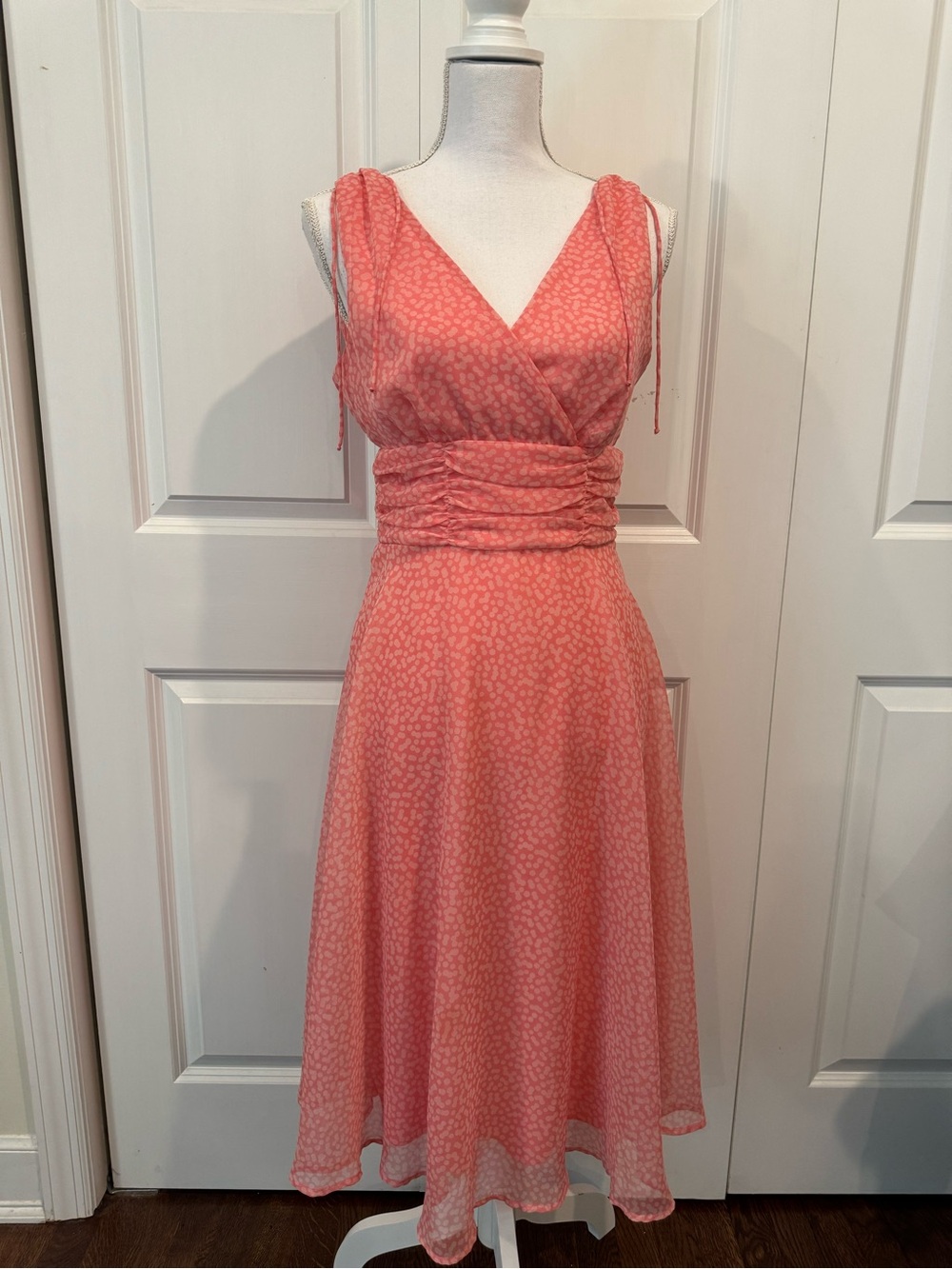 dressbarn Coral-Pink Sleeveless Wrap Midi Dress with Ruched Waist
